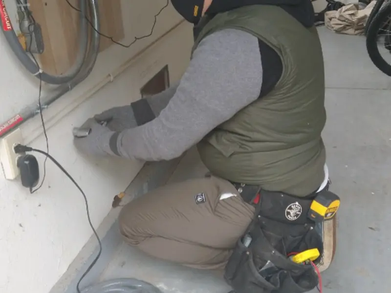 Electrician performing outlet wiring in a Carrollton garage